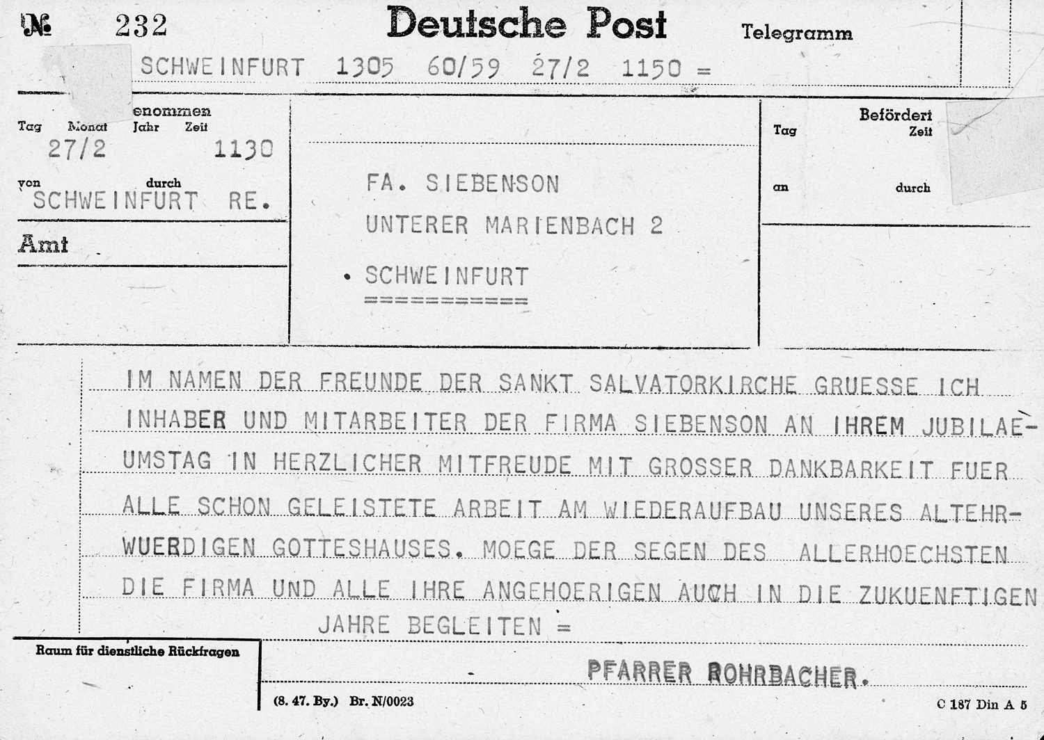 Telegram zum 50-jährigem Jubiläum